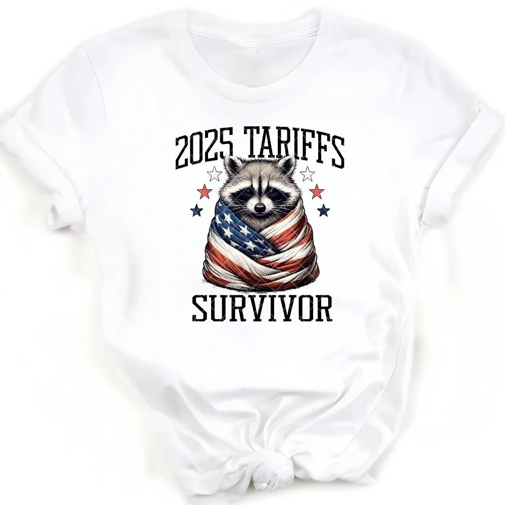 2025 Tariffs Survivor Raccoon American Flag Graphic T-Shirt