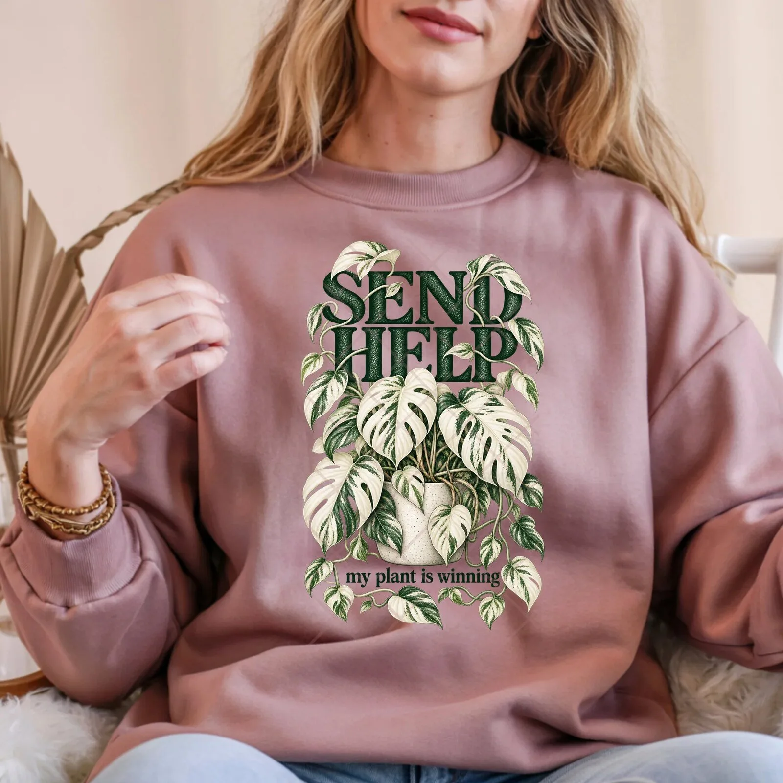 Albo Monstera Plant Lover Send Help My Plant Is Winning Funny Sweatshirt