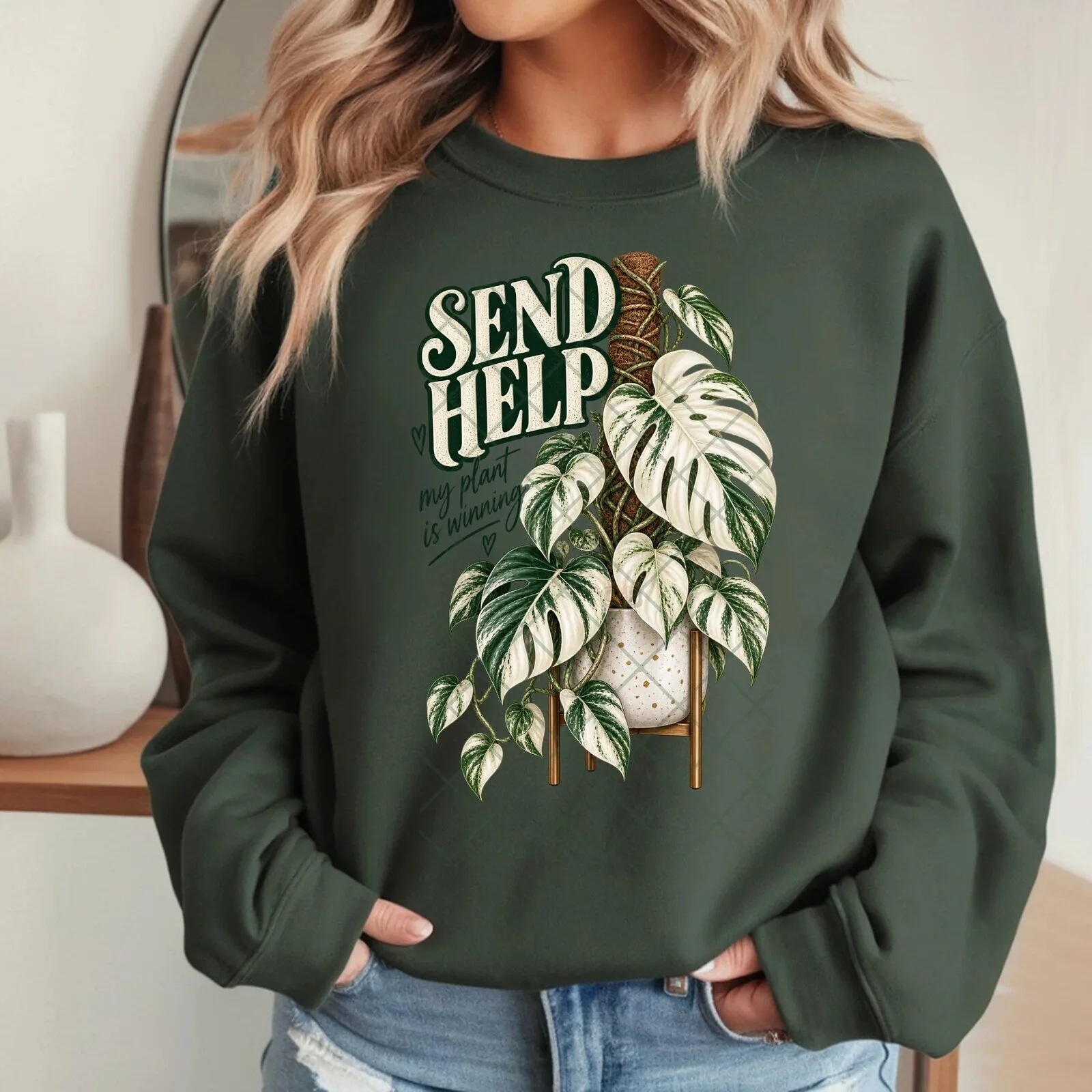Send Help My Plant Is Winning Variegated Monstera Plant Lover Sweatshirt