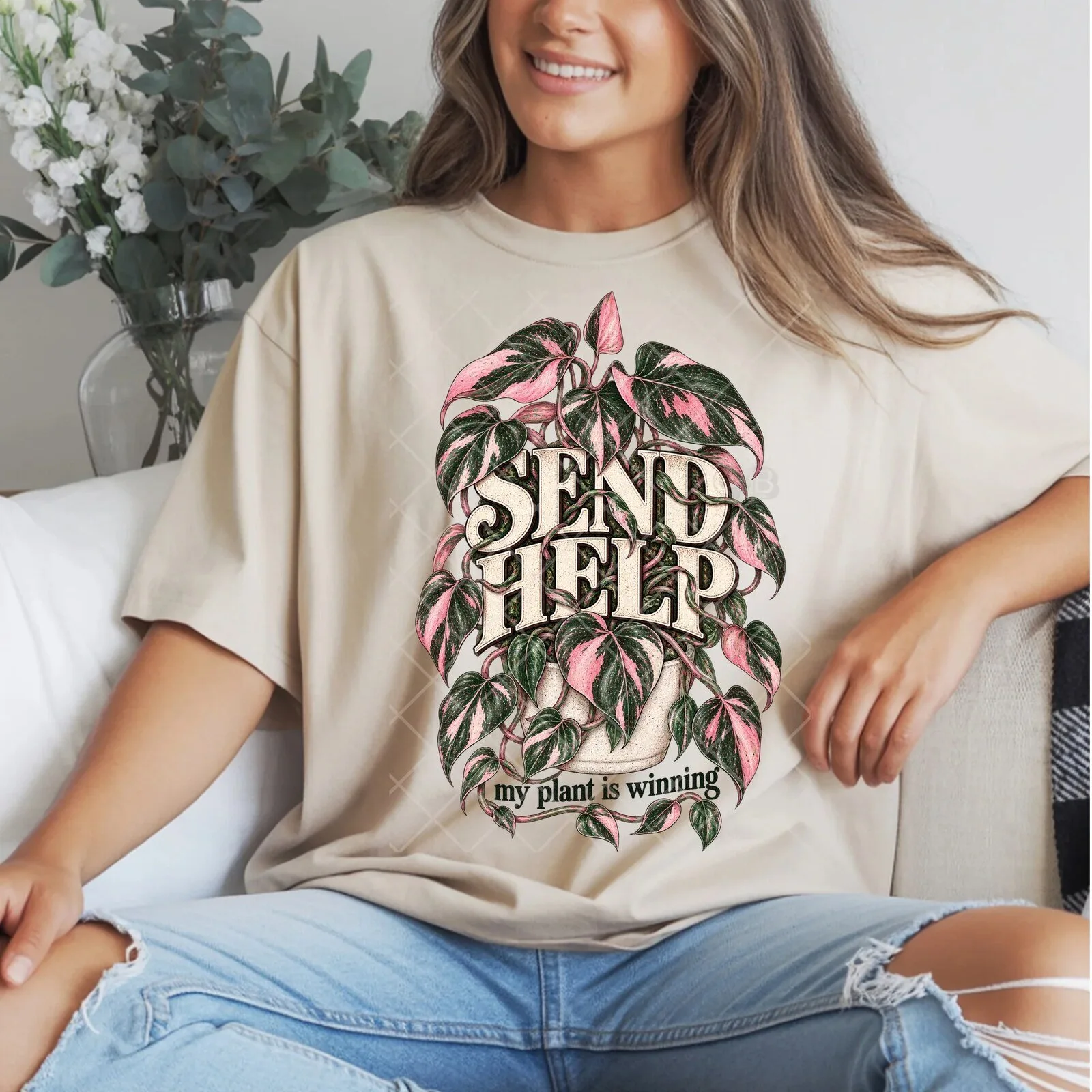 Send Help My Plant Is Winning Pink Princess Philodendron Graphic T-Shirt