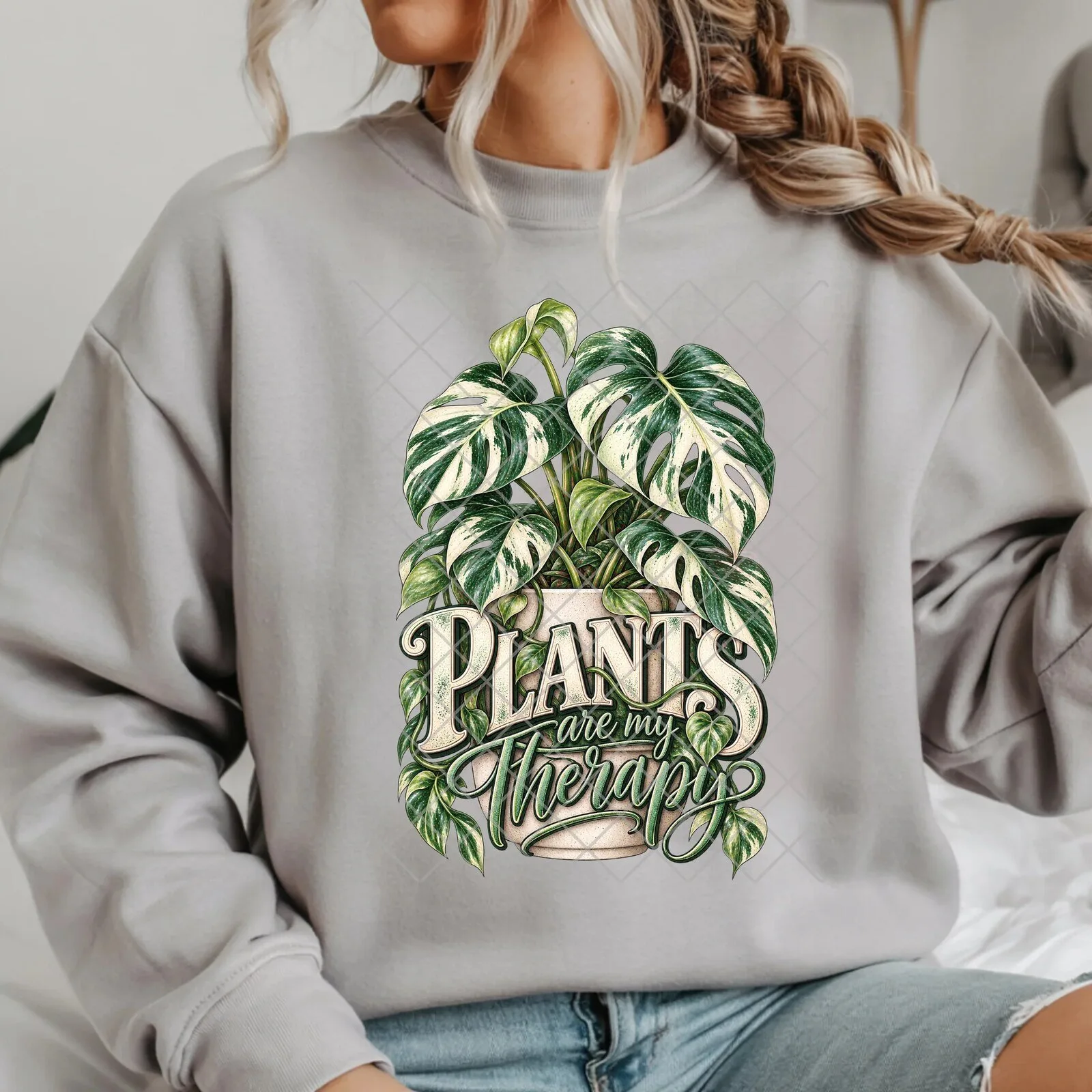 Plants Are My Therapy Variegated Monstera Plant Lover Crewneck Sweatshirt