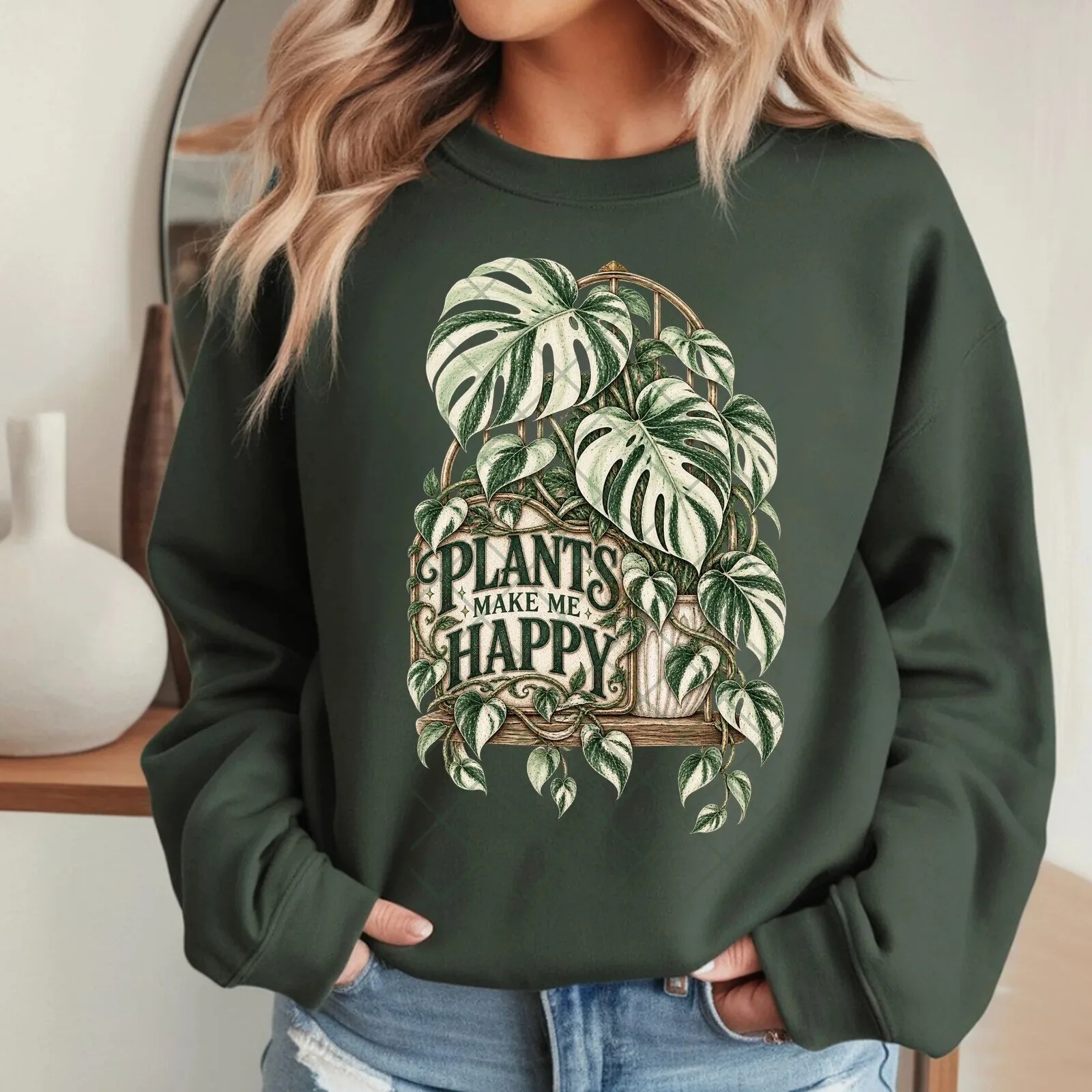 Plants Make Me Happy Variegated Monstera Houseplant Lover Crewneck Sweatshirt