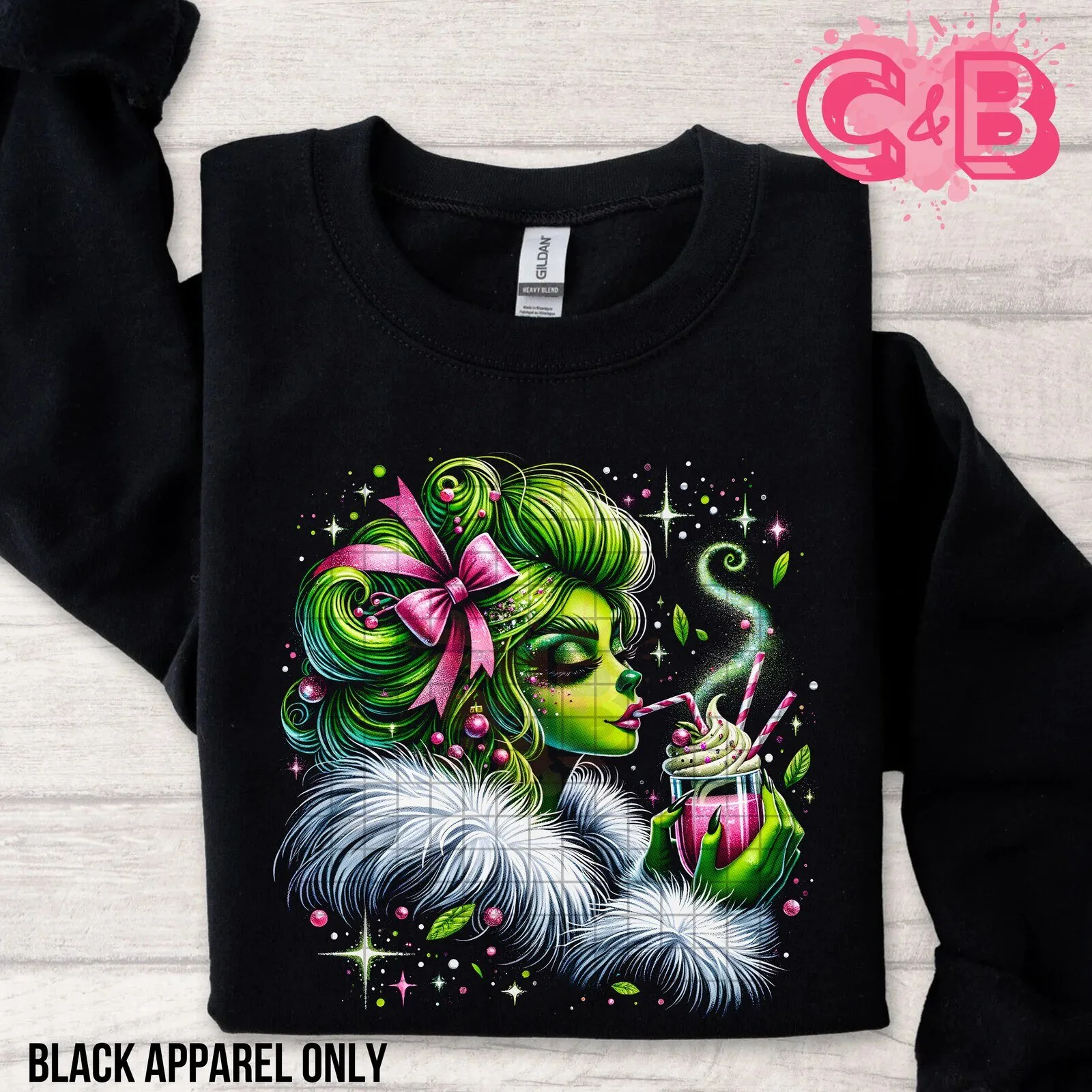 Pink Green Lady Shimmer Bow Christmas Holiday Crewneck Sweatshirt