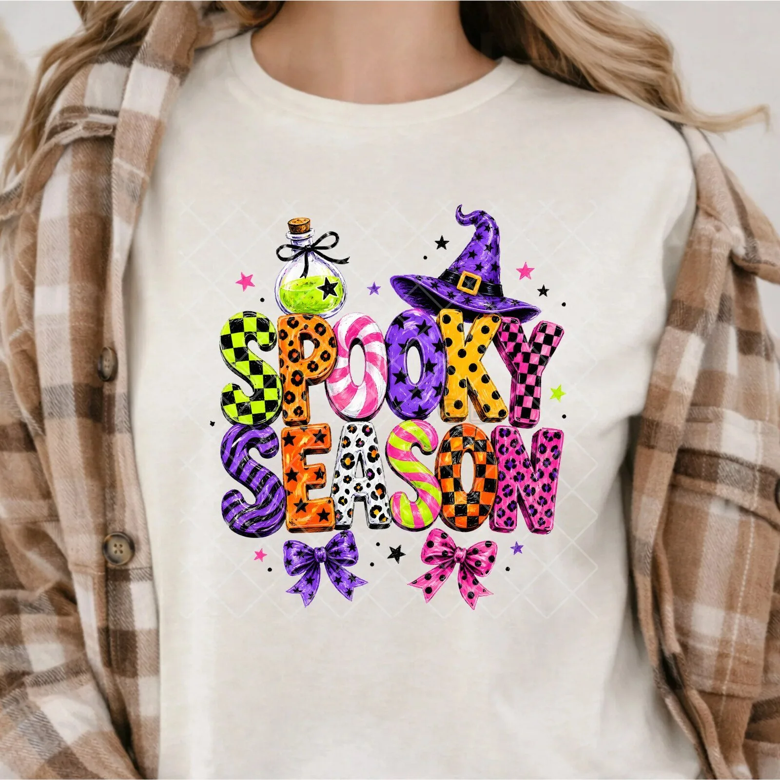 Spooky Season Halloween Witch Hat and Bows Graphic T-Shirt