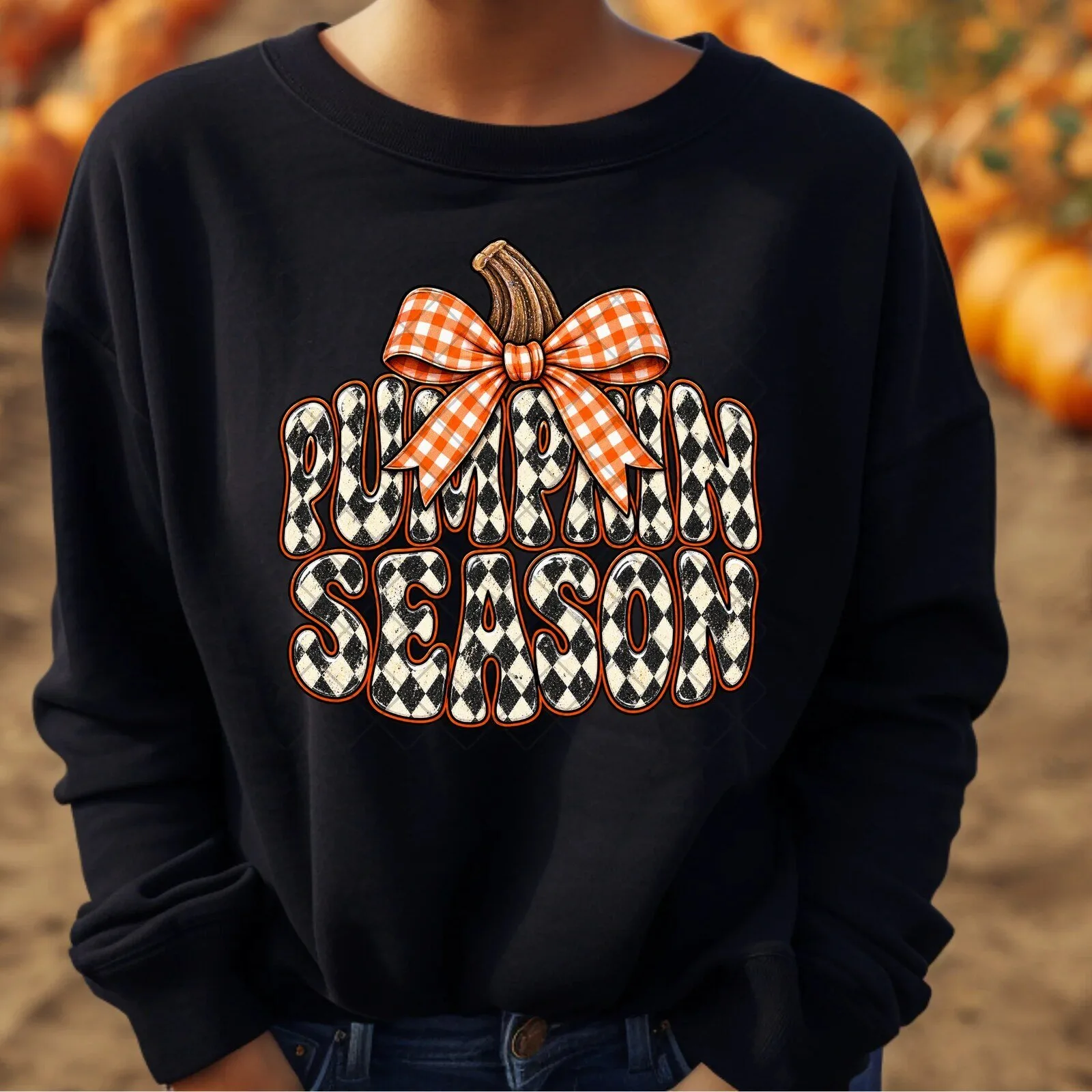 Pumpkin Season Checkered Bow Fall Autumn Graphic Crewneck Sweatshirt