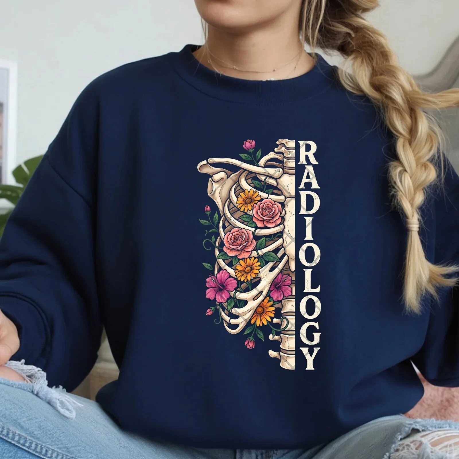 Radiology Floral Skeleton Rib Cage X-Ray Technologist Crewneck Sweatshirt